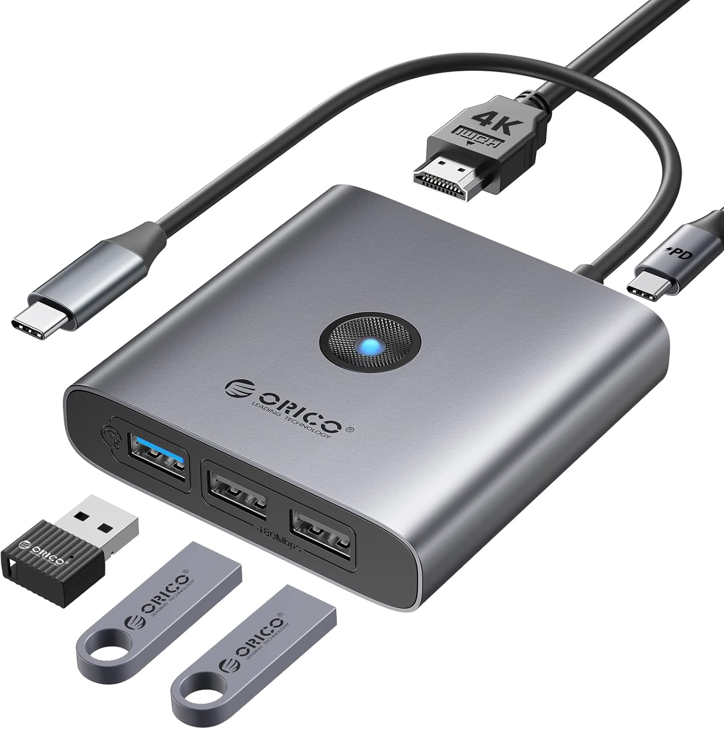 【60%OFF】【960円】 ORICO 5in1 4K対応 60WPD充電 USB3.0 HDMI出力 USB C ハブ