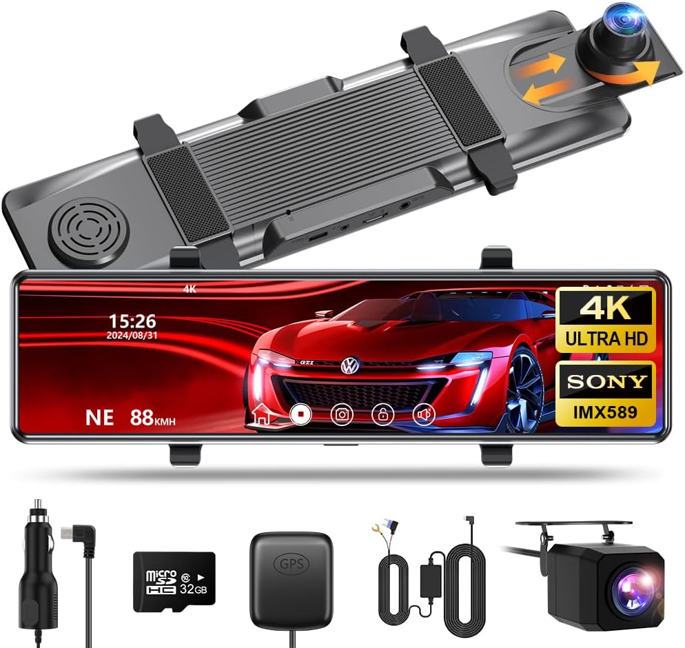 【20%OFF+4,500円OFF】【6,683円】 MACHITO ミラー型 12インチIPS液晶 4K 170°前後カメラ タッチ式 伸縮式 32GBSDカード付属 ドライブレコーダー 【送料無料】