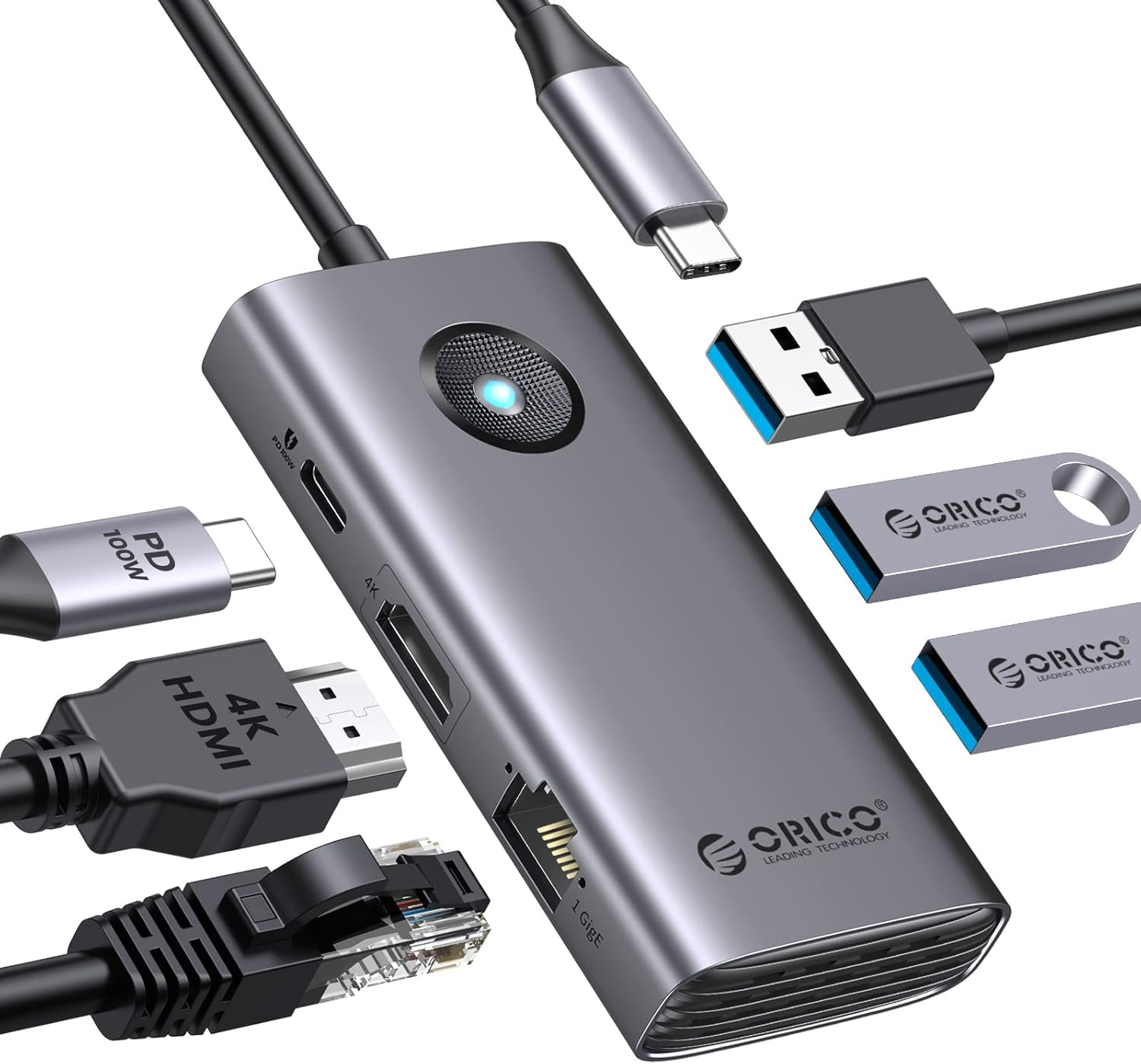 【クーポン割引】【2,029円】 ORICO 6in1 HDMI 4K+PD100W+3×USB3.0+イーサネット付き ドッキングステーション